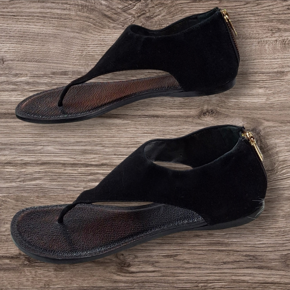 Tory Burch Black Leather Gladiator Heel Zipper Flat Thong Sandals Women Size 7.5 - Picture 5 of 16